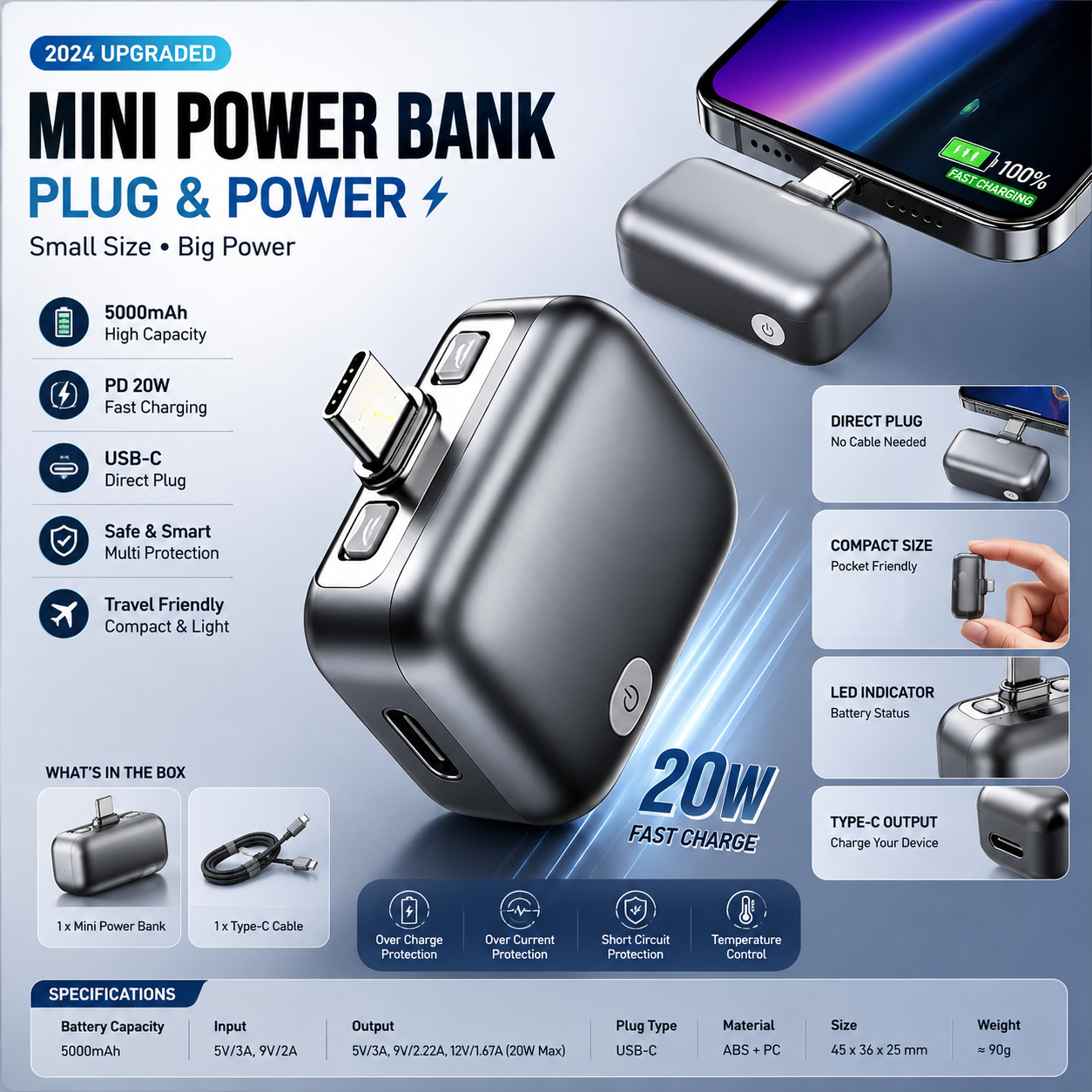 Power Bank Type-C Direct Plug 20W Fast Charging